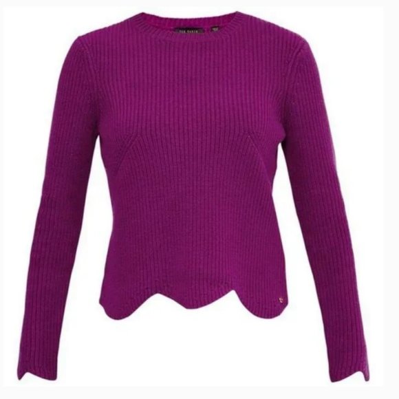 Ted Baker Finda Scallop Edge Ribbed Sweater deep purple pink size 1 - Picture 1 of 13